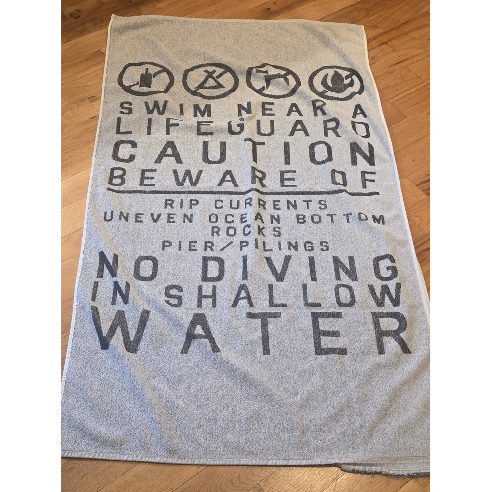 Hang Ten Beach Towel Grey Charcoal Beach‎ Safety Warning Sign Graphic 56x32
